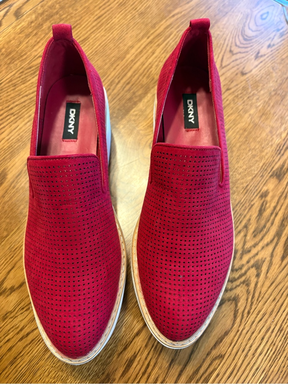 DKNY red suede platform slip-ons. 
Size 8.5M.  NWOT